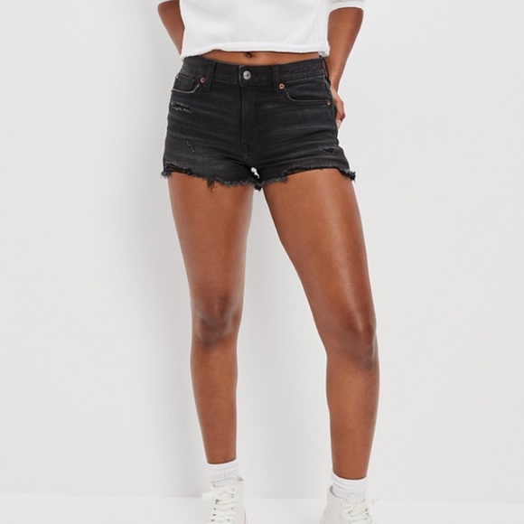 American Eagle Outfitters Pants - American Eagle Stretch Jean Denim Short Shortie Distressed Raw Hem Black Size 8